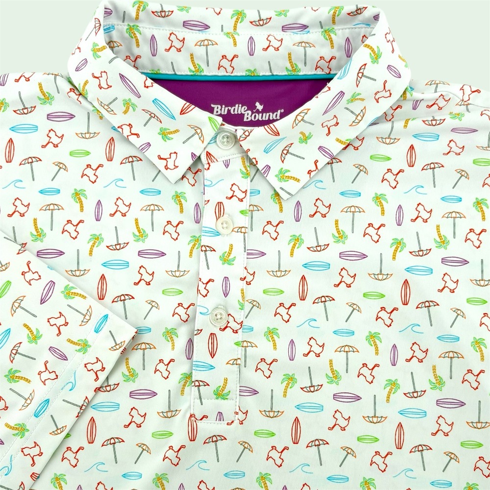 Birdie Bound Mens Golf Polo Shirt‎ L G Tropical Palm Tree Surfboard Print